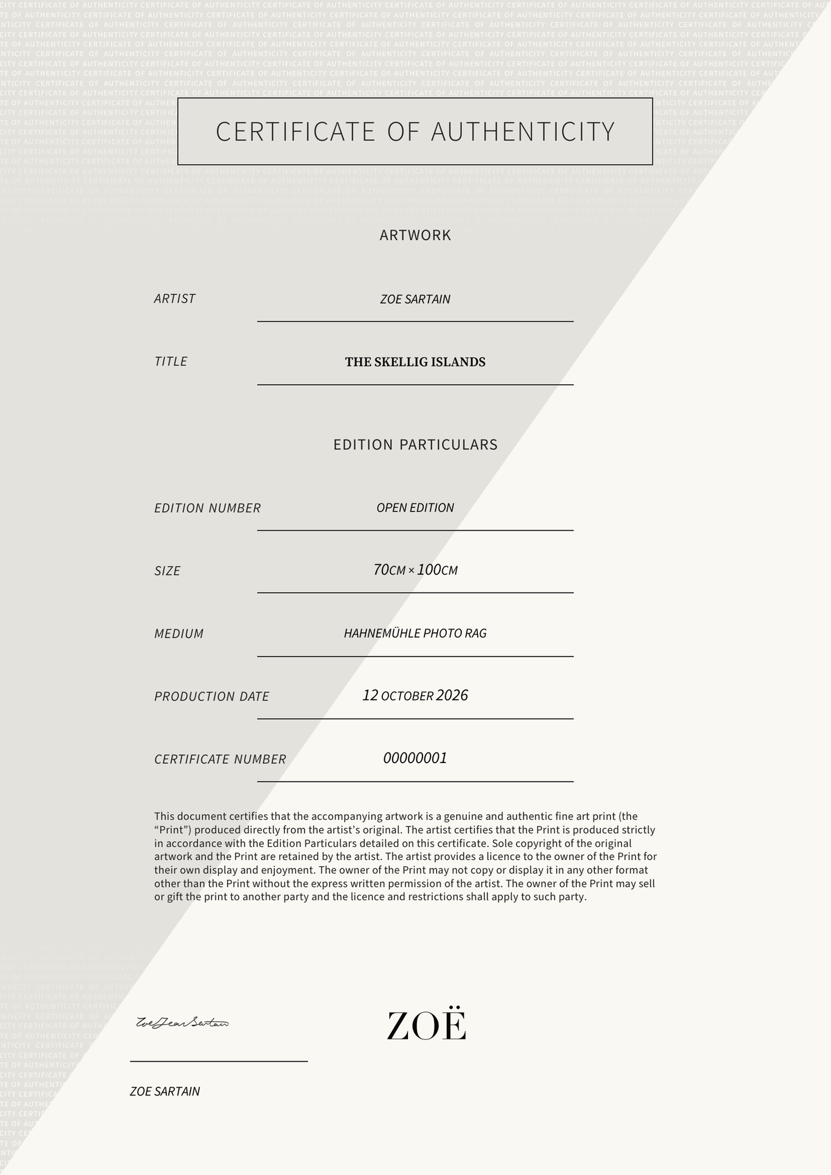 The Skellig Islands — Certificate of Authenticity